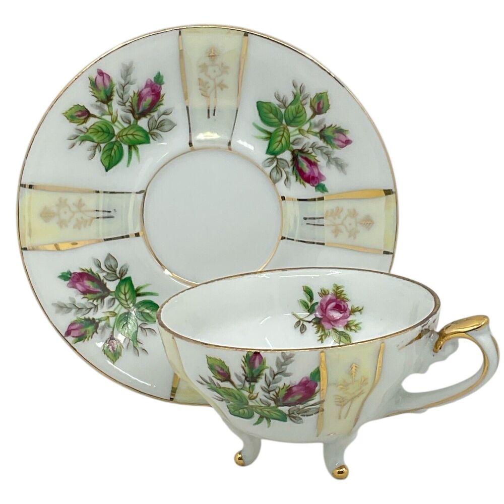 Vintage‎ Pink Rose Tea Cup and Saucer 3 Footed Geometric Lusterware Gold Trim